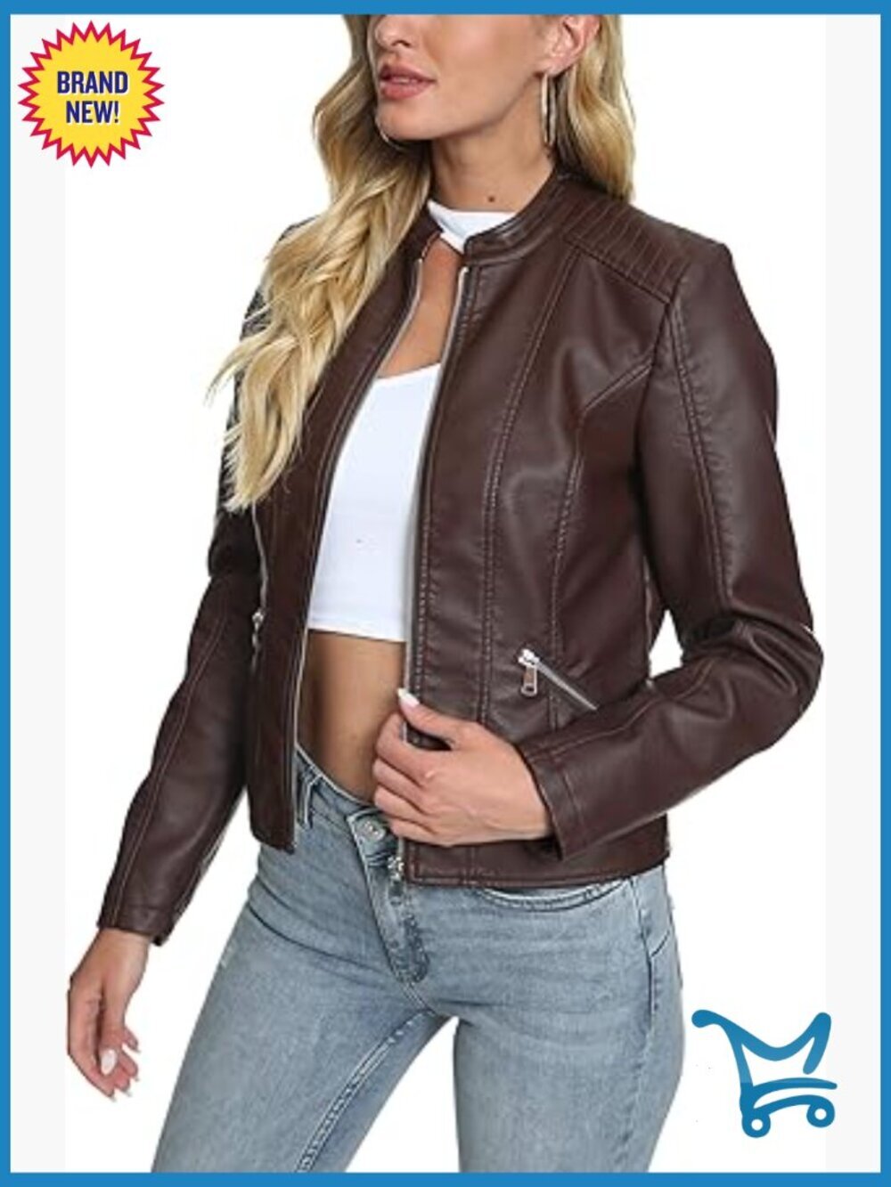 Zip Faux Leather Moto Jacket for Women Biker Outwear Coat